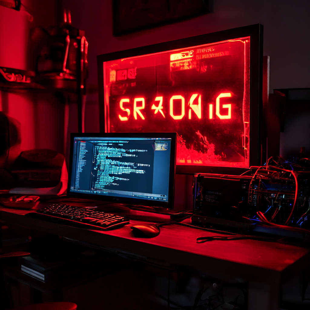 컴퓨터 화면에 심각한 시스템 지연과 과열을 나타내는 빨간색 경고 심볼이 크게 표시되어 있고 강제 재부팅까지의 카운트다운이 보입니다.