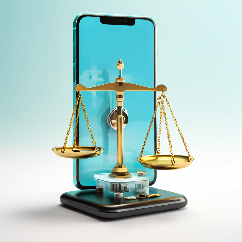한쪽엔 스마트폰, 다른 한쪽엔 자물쇠가 올려진 저울이 흐릿한 경계선 위에서 균형을 이루고 있다.