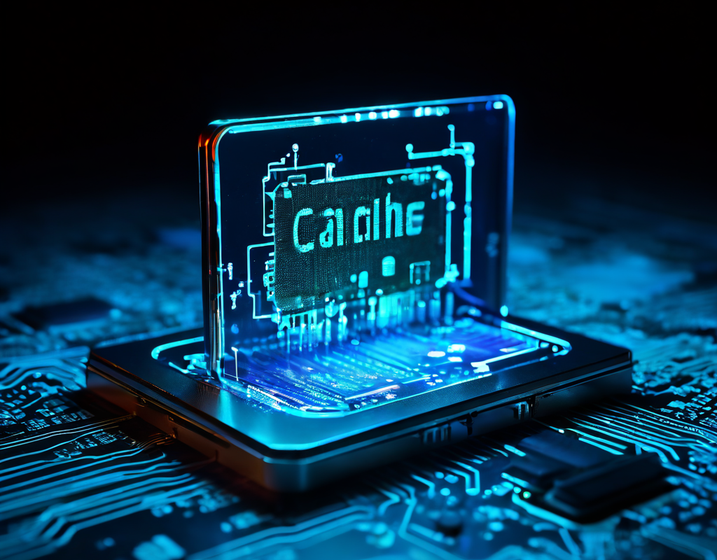 확대경으로 들여다본 컴퓨터 칩의 캐시 데이터 영역이 손상된 상태를 빛나는 회로 위에 시각적으로 표현한 기술 문제 진단 개념 이미지입니다.