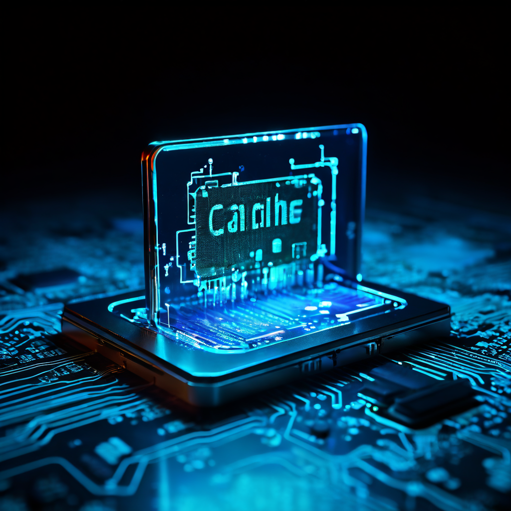 확대경으로 들여다본 컴퓨터 칩의 캐시 데이터 영역이 손상된 상태를 빛나는 회로 위에 시각적으로 표현한 기술 문제 진단 개념 이미지입니다.