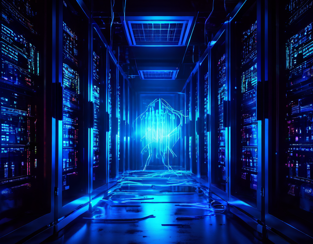 데이터 유출 사고를 경고하는 이미지로, 오류 메시지가 표시된 데이터베이스 서버에서 기밀 정보가 빛의 형태로 누출되고 있는 상황을 묘사하고 있습니다.