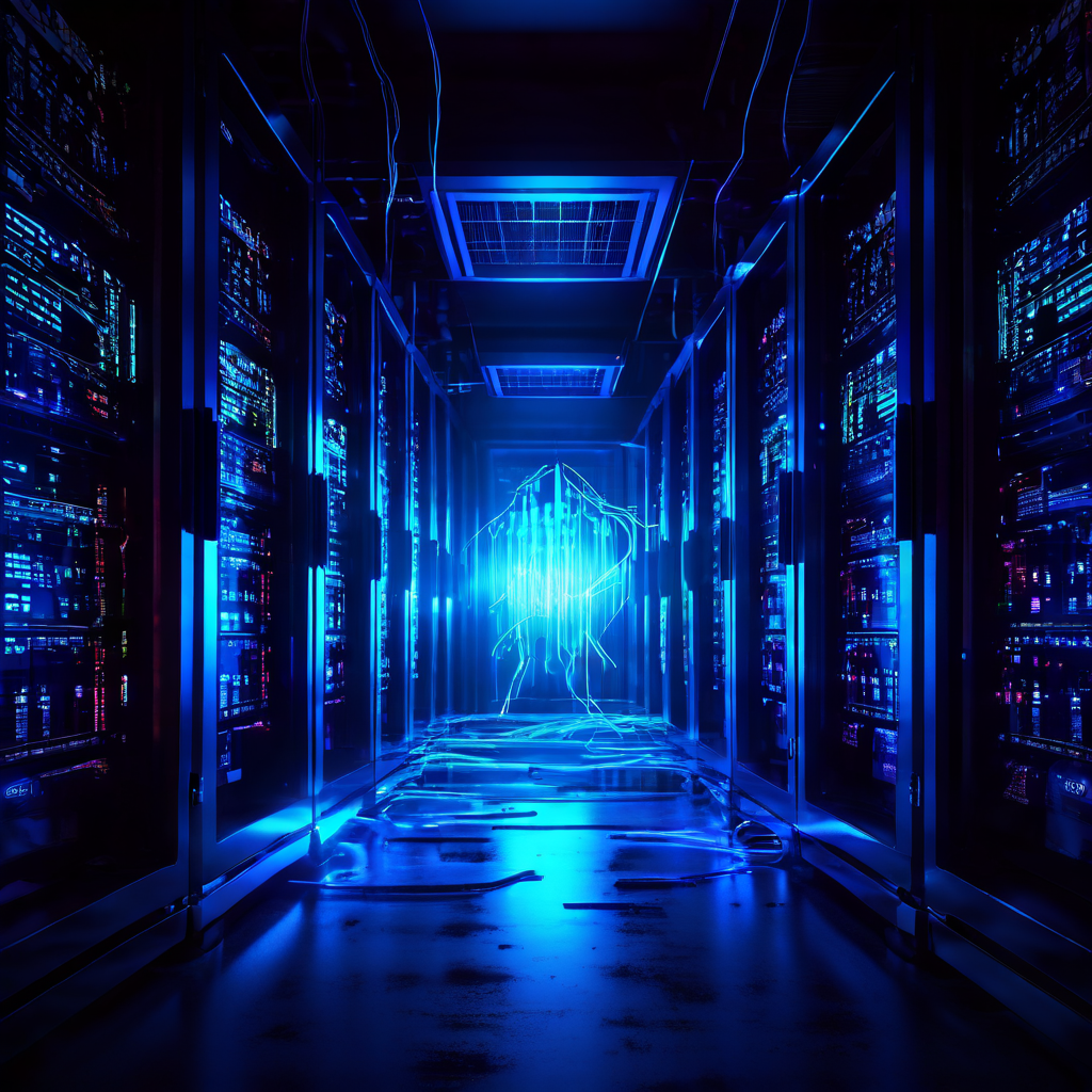 데이터 유출 사고를 경고하는 이미지로, 오류 메시지가 표시된 데이터베이스 서버에서 기밀 정보가 빛의 형태로 누출되고 있는 상황을 묘사하고 있습니다.