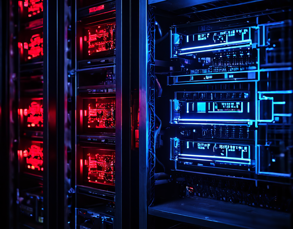 서버 랙에서 하나의 패널만 적색 경고등이 점멸하고 나머지 모든 패널은 정지된 오류 심볼을 표시하며 시스템 장애를 암시하는 상황을 보여줍니다.