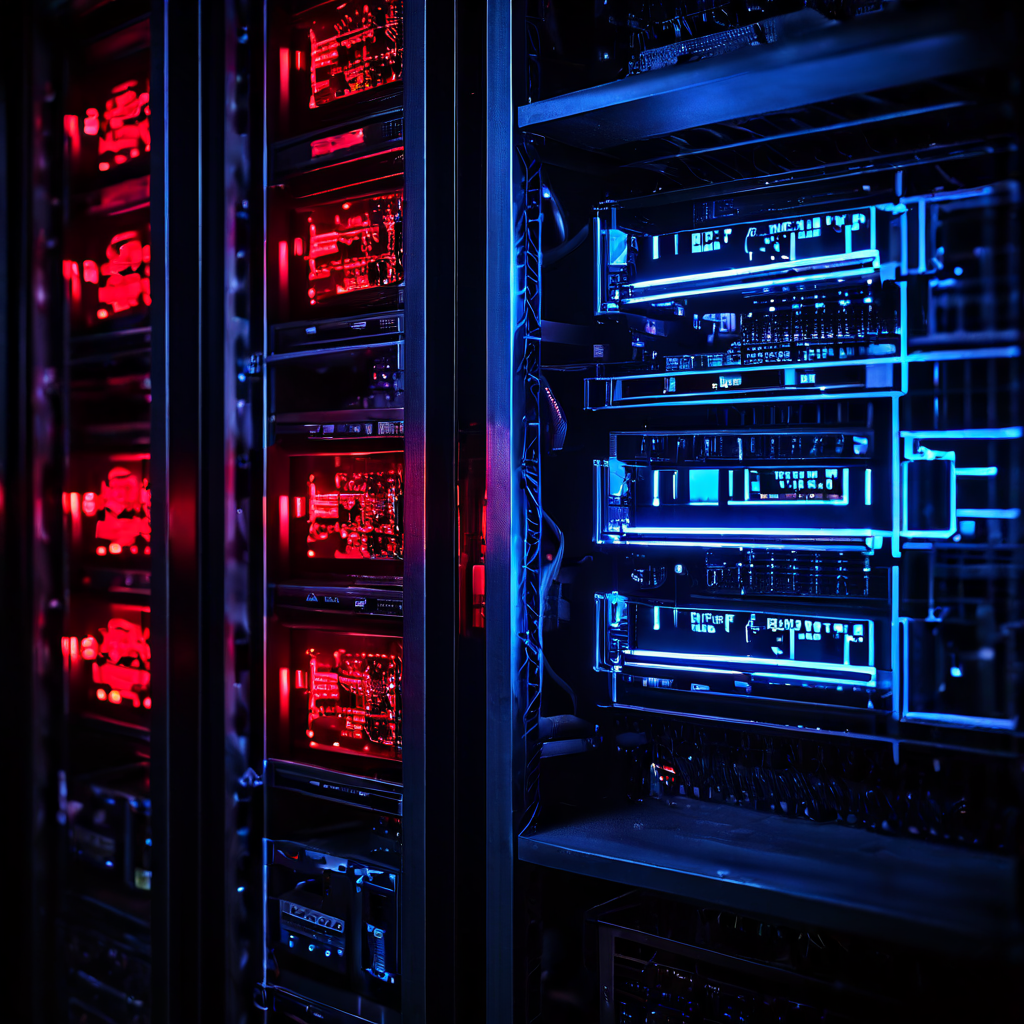 서버 랙에서 하나의 패널만 적색 경고등이 점멸하고 나머지 모든 패널은 정지된 오류 심볼을 표시하며 시스템 장애를 암시하는 상황을 보여줍니다.