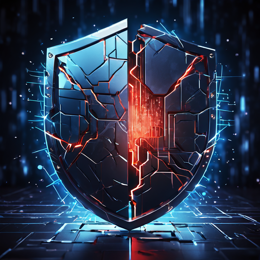 데이터 보안 시스템의 취약점을 상징하는 깨진 방패를 사이버 공격의 위협이 뚫고 나가며 디지털 시스템이 균열과 오류를 일으키는 상황을 표현한 이미지입니다.