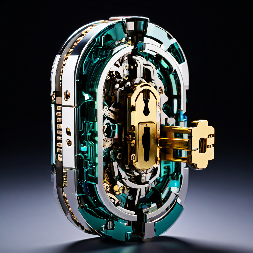 디지털 보안 시스템의 취약점을 상징하는 이미지로, 완전히 맞물리지 못한 부러진 열쇠가 복잡한 디지털 자물쇠 표면에 균열을 만들어 낸 모습을 묘사하고 있습니다.