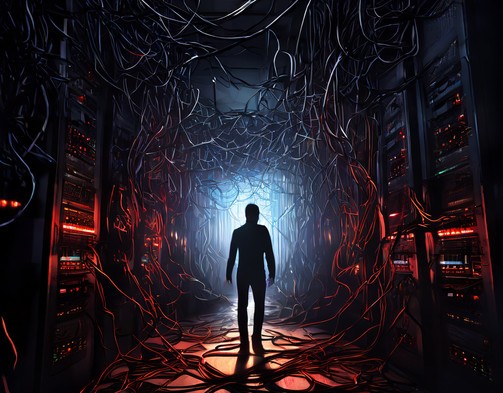 혼란스러운 서버실에서 케이블이 뒤엉키고 오류 표시등이 깜빡이는 가운데, 단일의 수상한 인물이 흐릿한 출구를 통해 눈에 띄지 않게 빠져나가는 모습을 묘사한 이미지입니다.