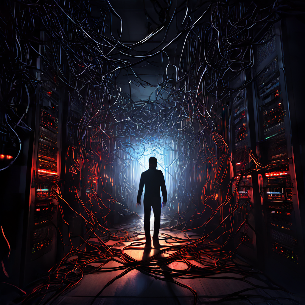 혼란스러운 서버실에서 케이블이 뒤엉키고 오류 표시등이 깜빡이는 가운데, 단일의 수상한 인물이 흐릿한 출구를 통해 눈에 띄지 않게 빠져나가는 모습을 묘사한 이미지입니다.