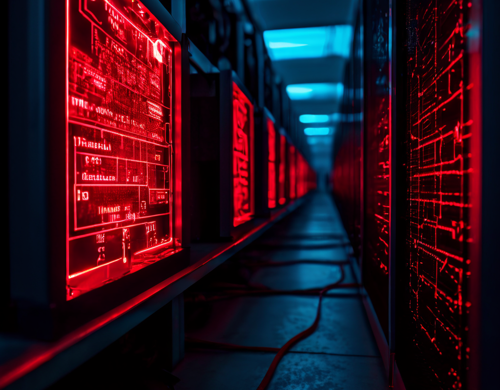 서버 진단 화면에 빨간색 오류 경고가 깜박이는 디지털 API 경로가 갑자기 끊어져 연결 문제가 발생한 상황을 나타냅니다.