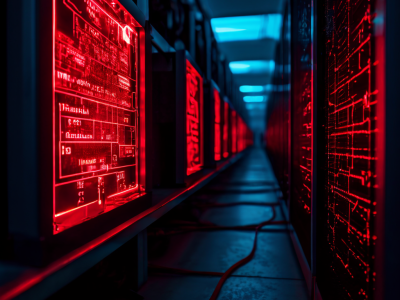 서버 진단 화면에 빨간색 오류 경고가 깜박이는 디지털 API 경로가 갑자기 끊어져 연결 문제가 발생한 상황을 나타냅니다.