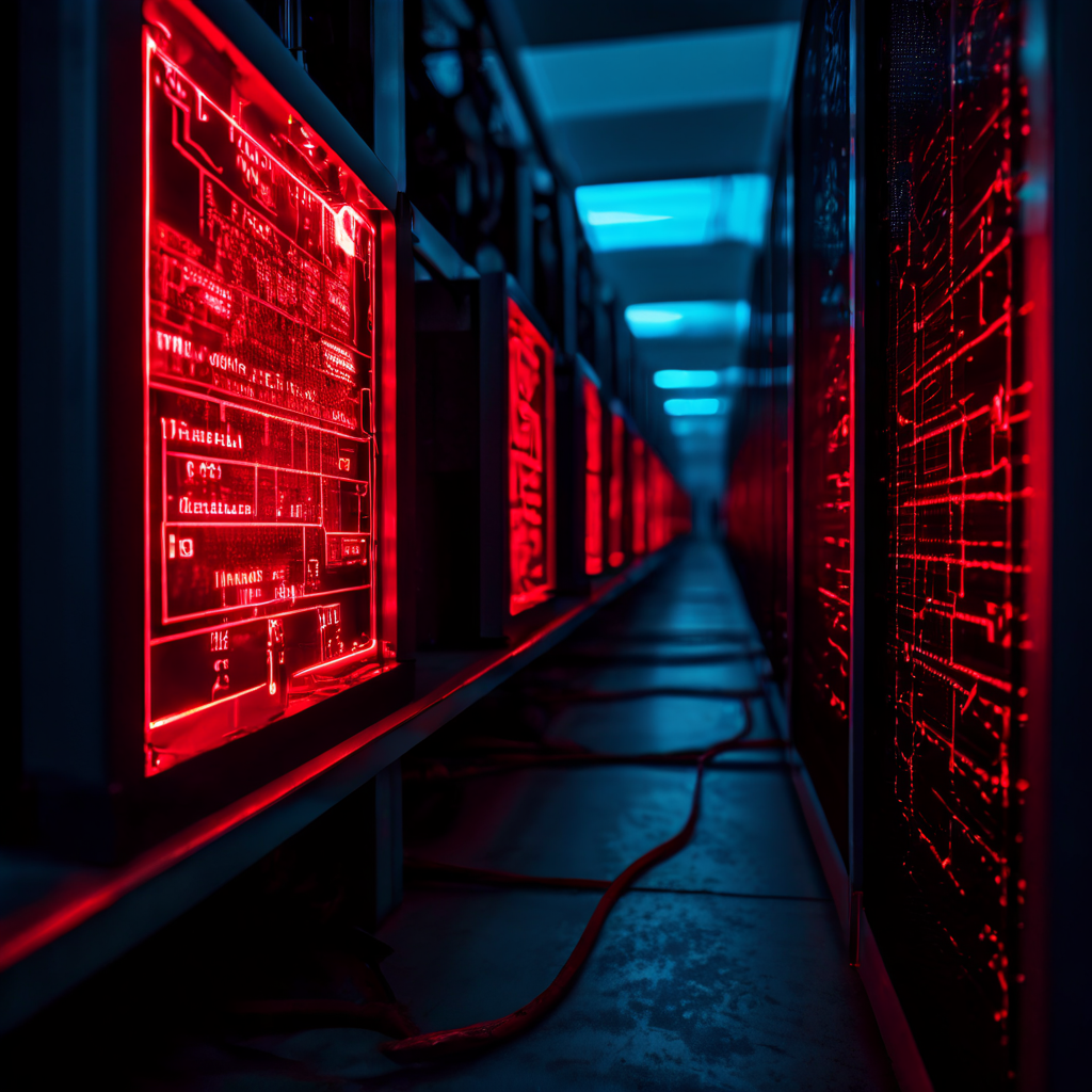 서버 진단 화면에 빨간색 오류 경고가 깜박이는 디지털 API 경로가 갑자기 끊어져 연결 문제가 발생한 상황을 나타냅니다.