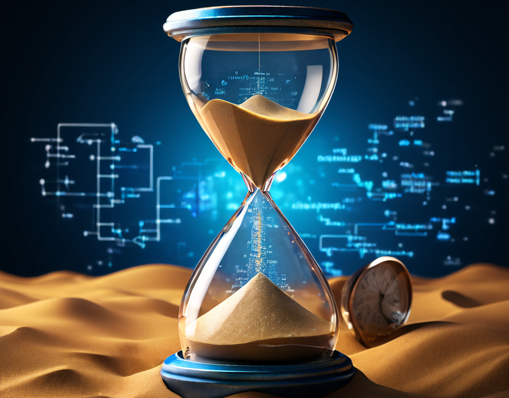 DNS 패킷이 모래처럼 흘러내리는 디지털 모래시계가 서비스 맵 위에 걸려 있는 모습으로, 캐시 타이머 만료로 인한 네트워크 지연 현상을 시각적으로 설명합니다.