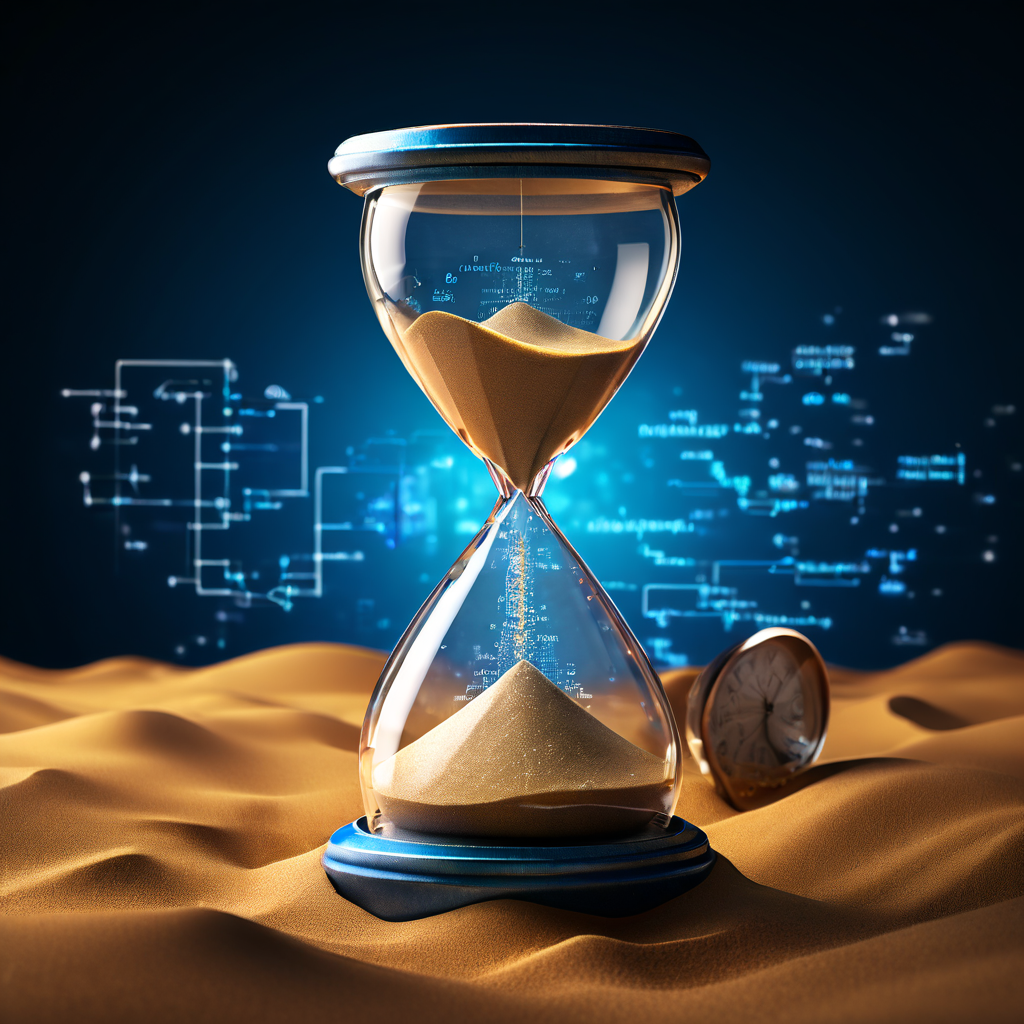 DNS 패킷이 모래처럼 흘러내리는 디지털 모래시계가 서비스 맵 위에 걸려 있는 모습으로, 캐시 타이머 만료로 인한 네트워크 지연 현상을 시각적으로 설명합니다.