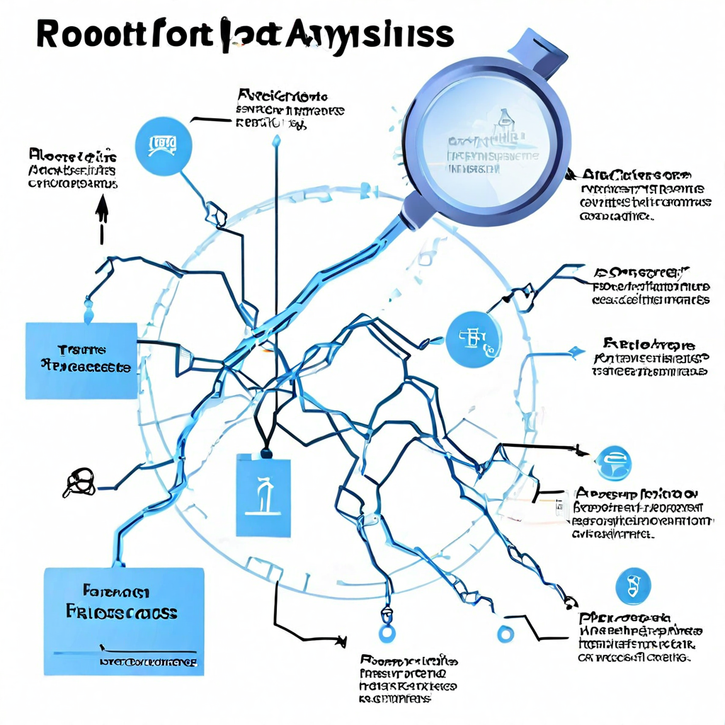 루트 원인 분석을 수행하는 과정을 보여주는 플로우차트로, 알림 체인에서 발생한 끊어진 링크를 확대경으로 분석하여 문제의 근본 원인을 규명하는 모습을 묘사합니다.