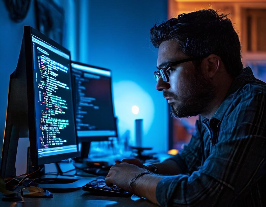 소프트웨어 업데이트 후 갑자기 나타난 빌드 실패 에러 메시지를 컴퓨터 화면에서 바라보며 당혹스러워하는 개발자의 모습을 담은 이미지입니다.